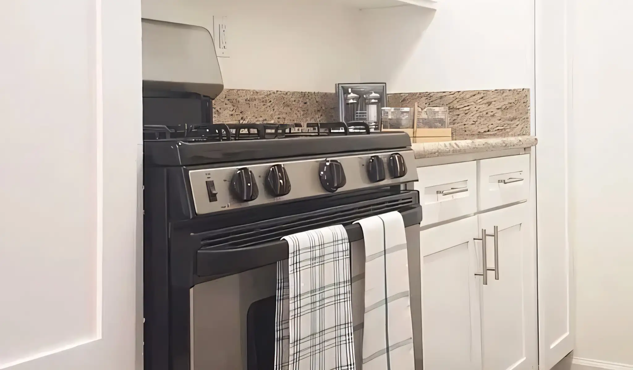 Burke Apartments modern kitchen with stainless steel gas range