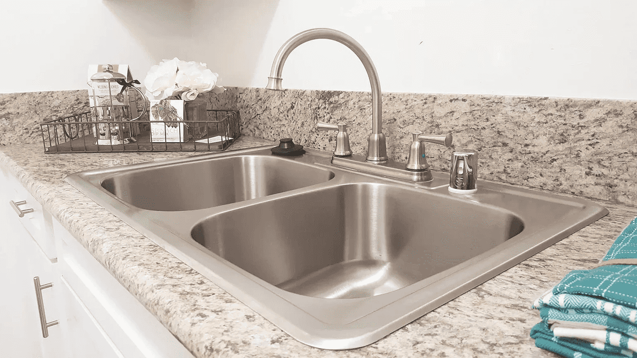 stainless steel double basin sink and modern fixtures