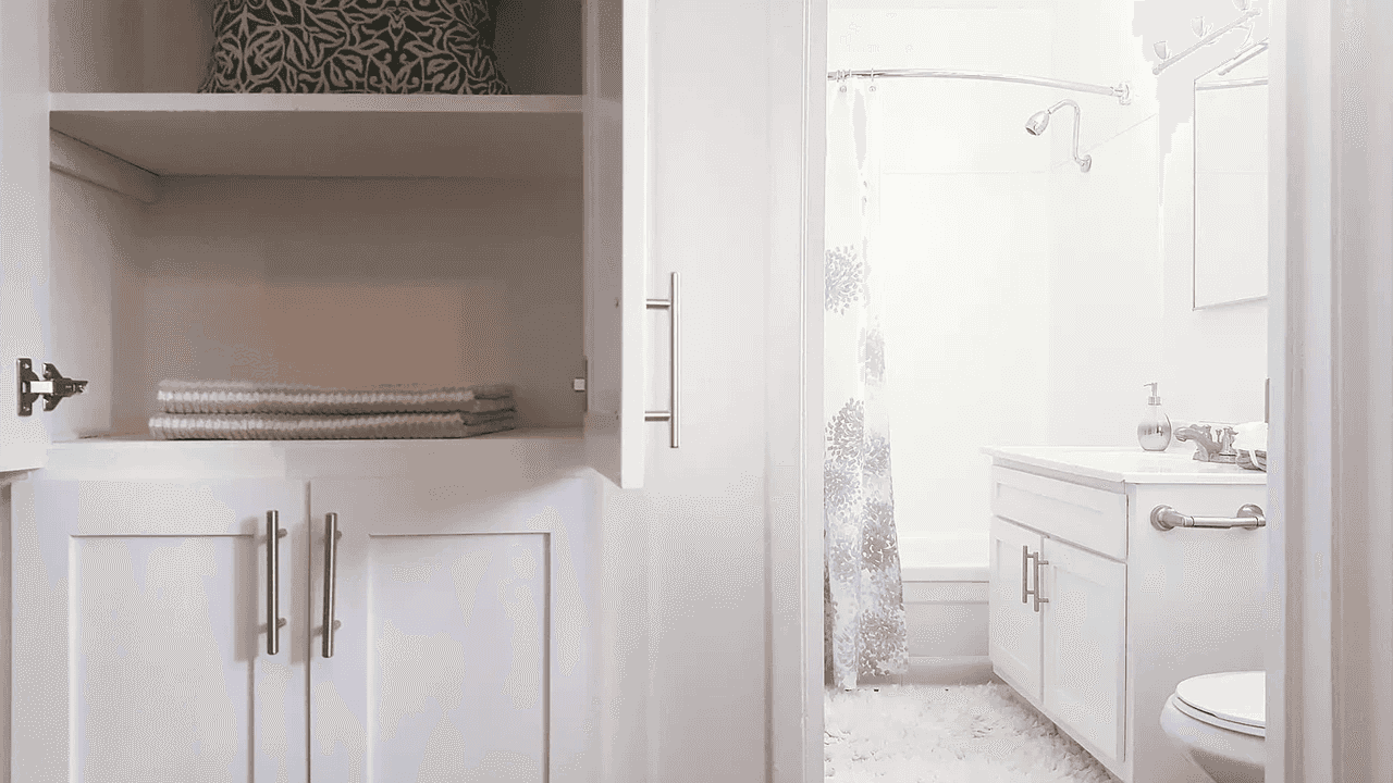 hallway closet leading to renovated bathroom